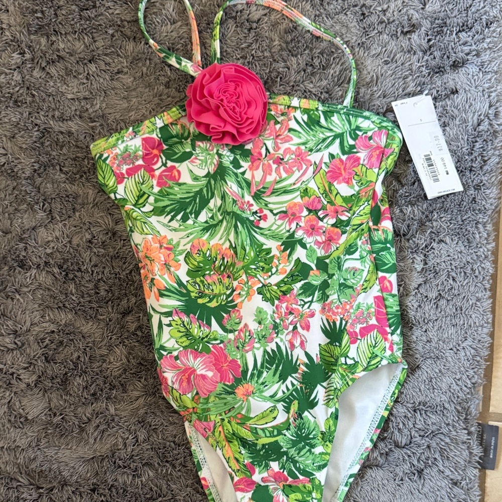 Janie and Jack Green and Pink Floral Kids Swim One Piece